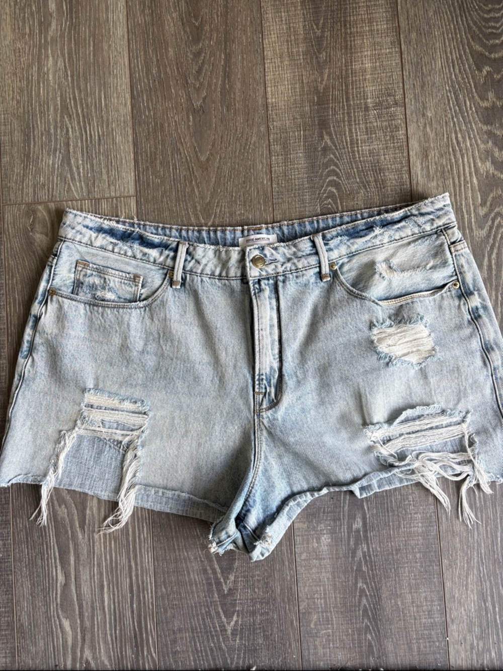 Good American Light Blue Distressed Denim Shorts